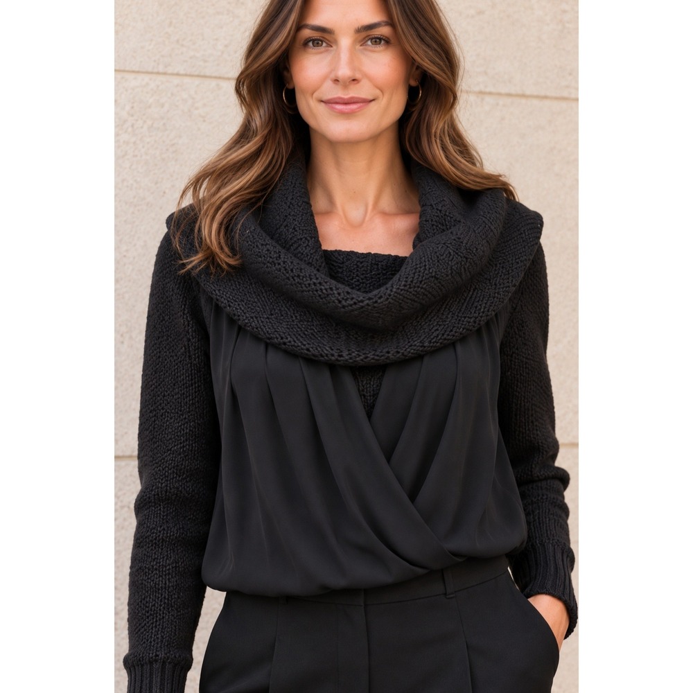 Pinko Italy Mixed Media Cowl Neck Sweater Draped Wrap Front Virgin Wool Blend 4